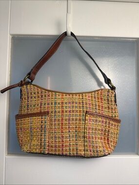 Fossil Woven Raffia Shoulder Bag Multicolor Straw Leather Trim Boho Purse